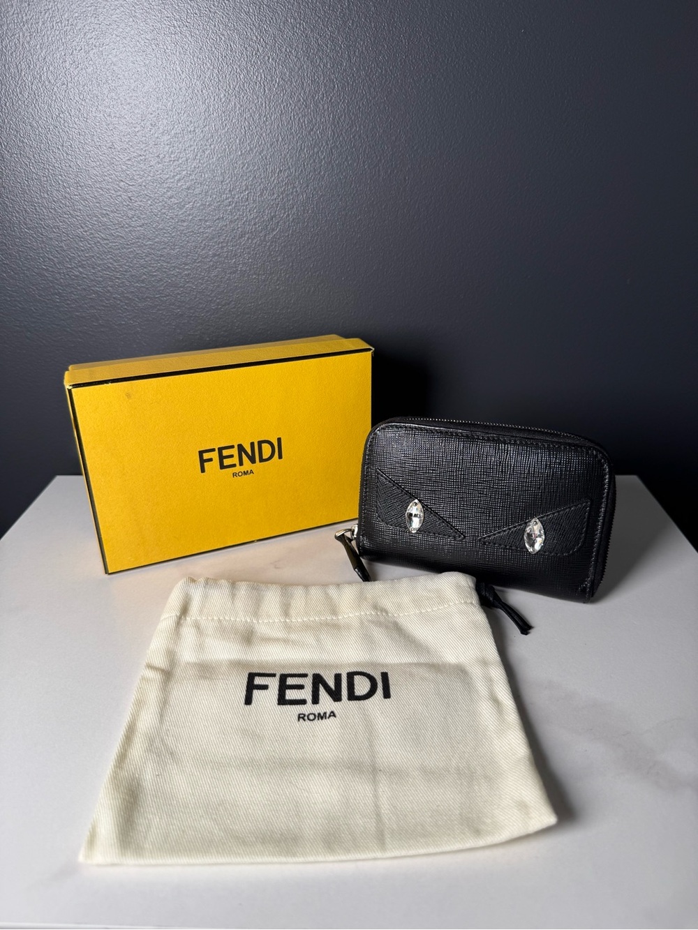 Fendi Black Leather Zip Card Case Wallet